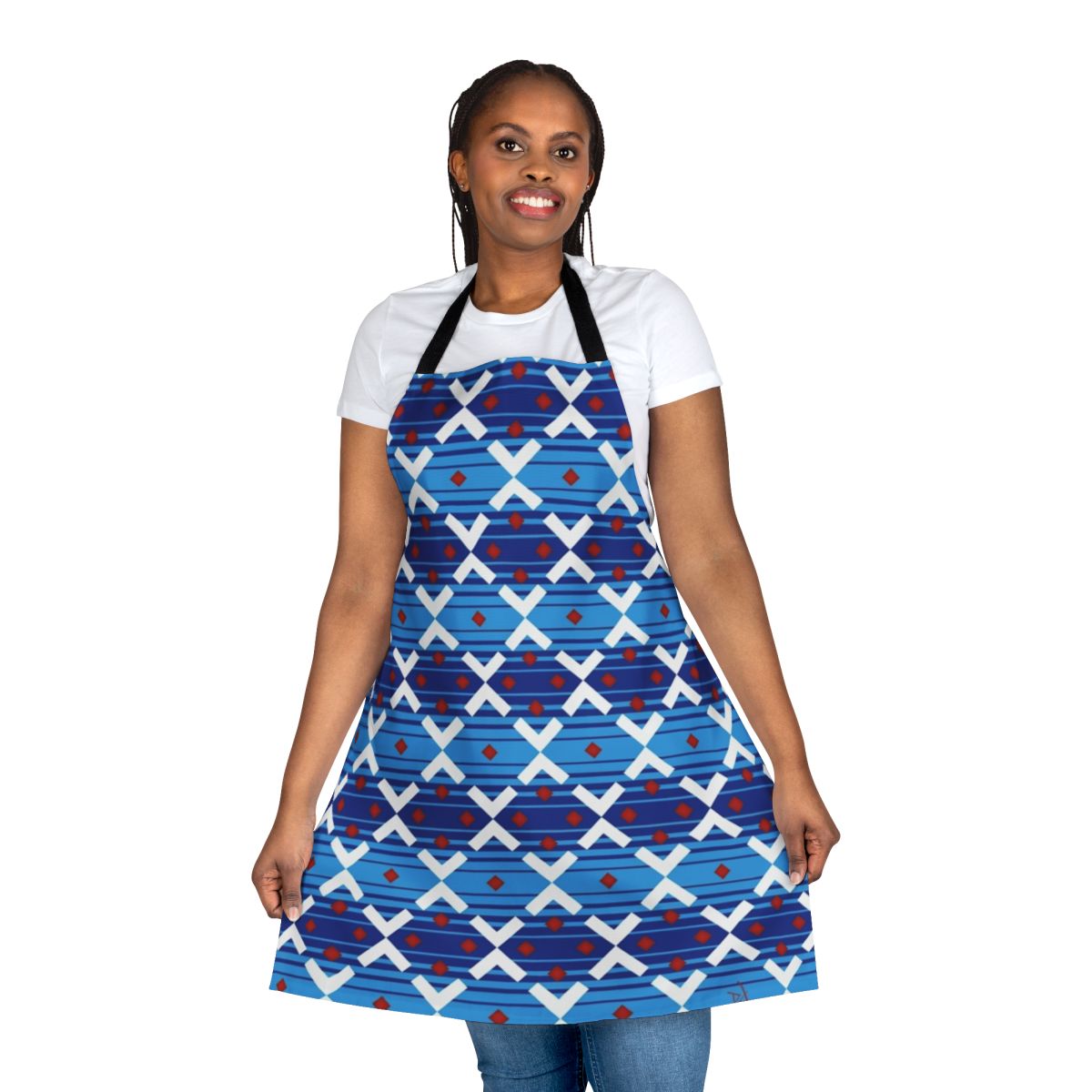 Vintage-style blue apron with London Underground train seat pattern