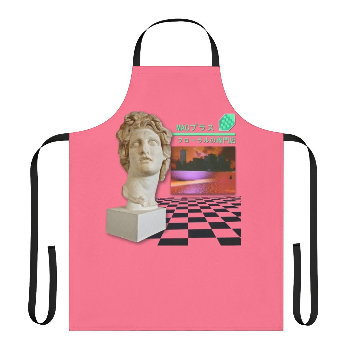 Retro-style floral apron with Macintosh Plus computer graphics