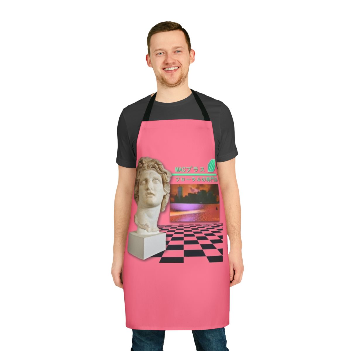 Retro-style floral apron with Macintosh Plus computer graphics