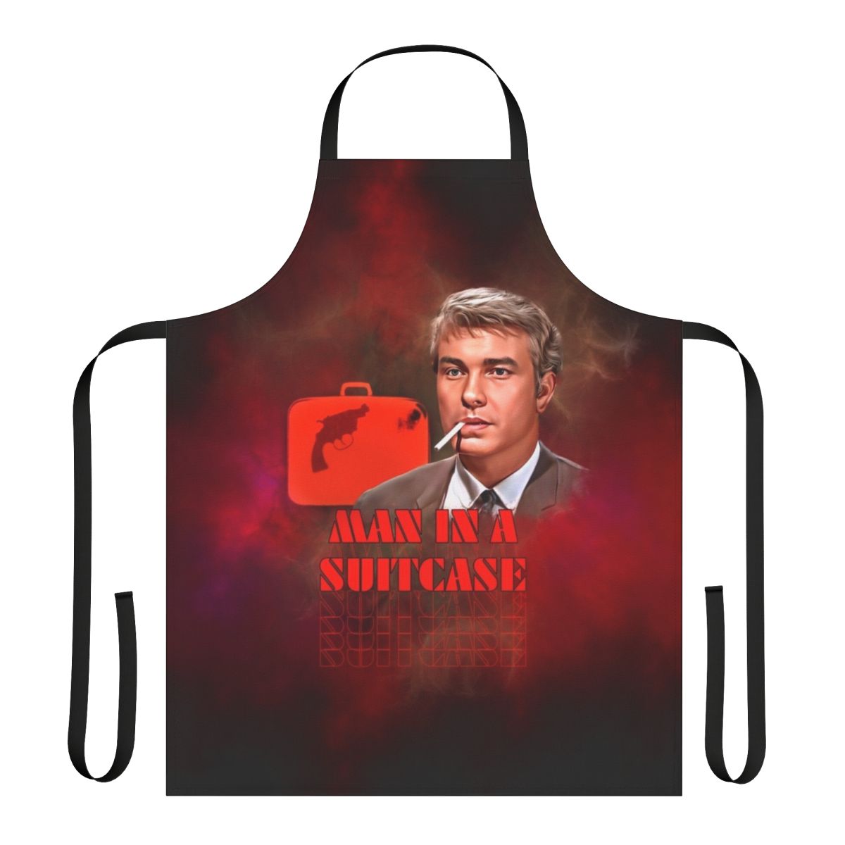Vintage-inspired "Man in a Suitcase" apron with a classic 1960s spy thriller graphic design