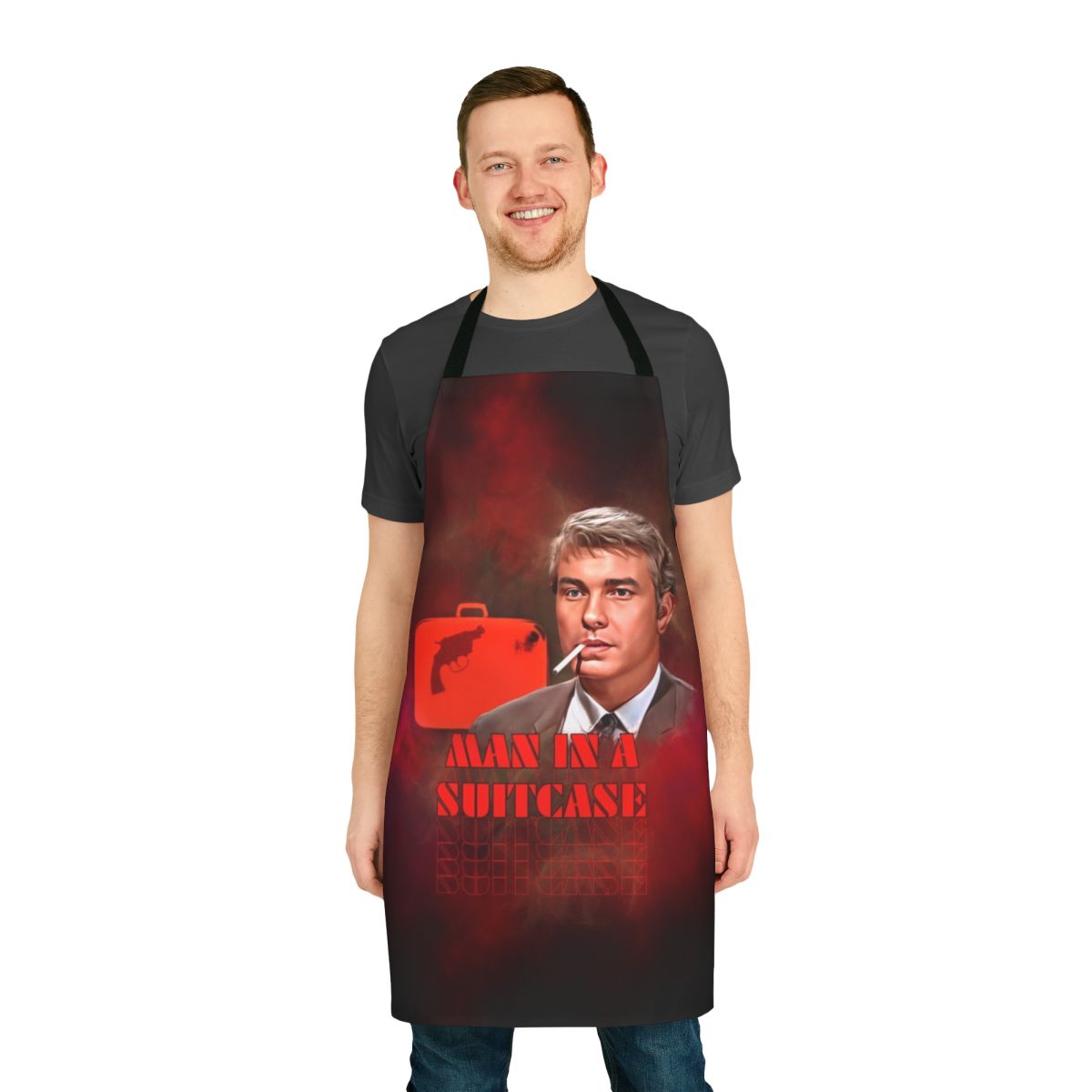 Vintage-inspired "Man in a Suitcase" apron with a classic 1960s spy thriller graphic design