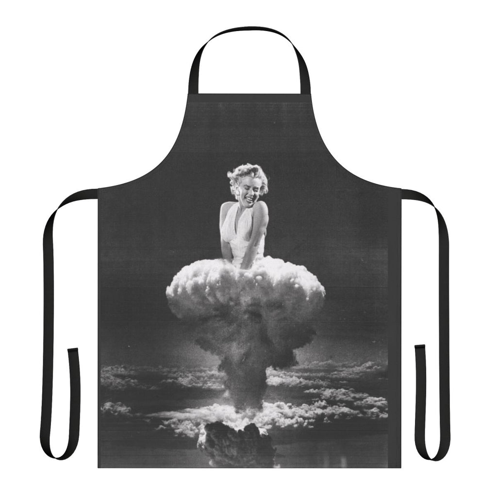 Retro-style apron featuring a collage design of Marilyn Monroe and a mushroom cloud explosion, representing pop art and surrealism.