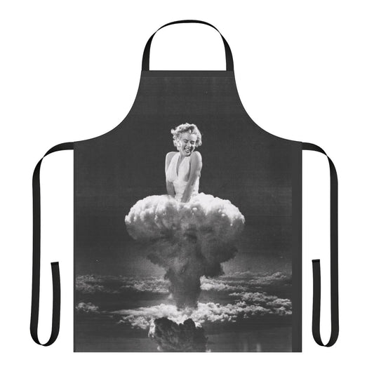 Retro-style apron featuring a collage design of Marilyn Monroe and a mushroom cloud explosion, representing pop art and surrealism.