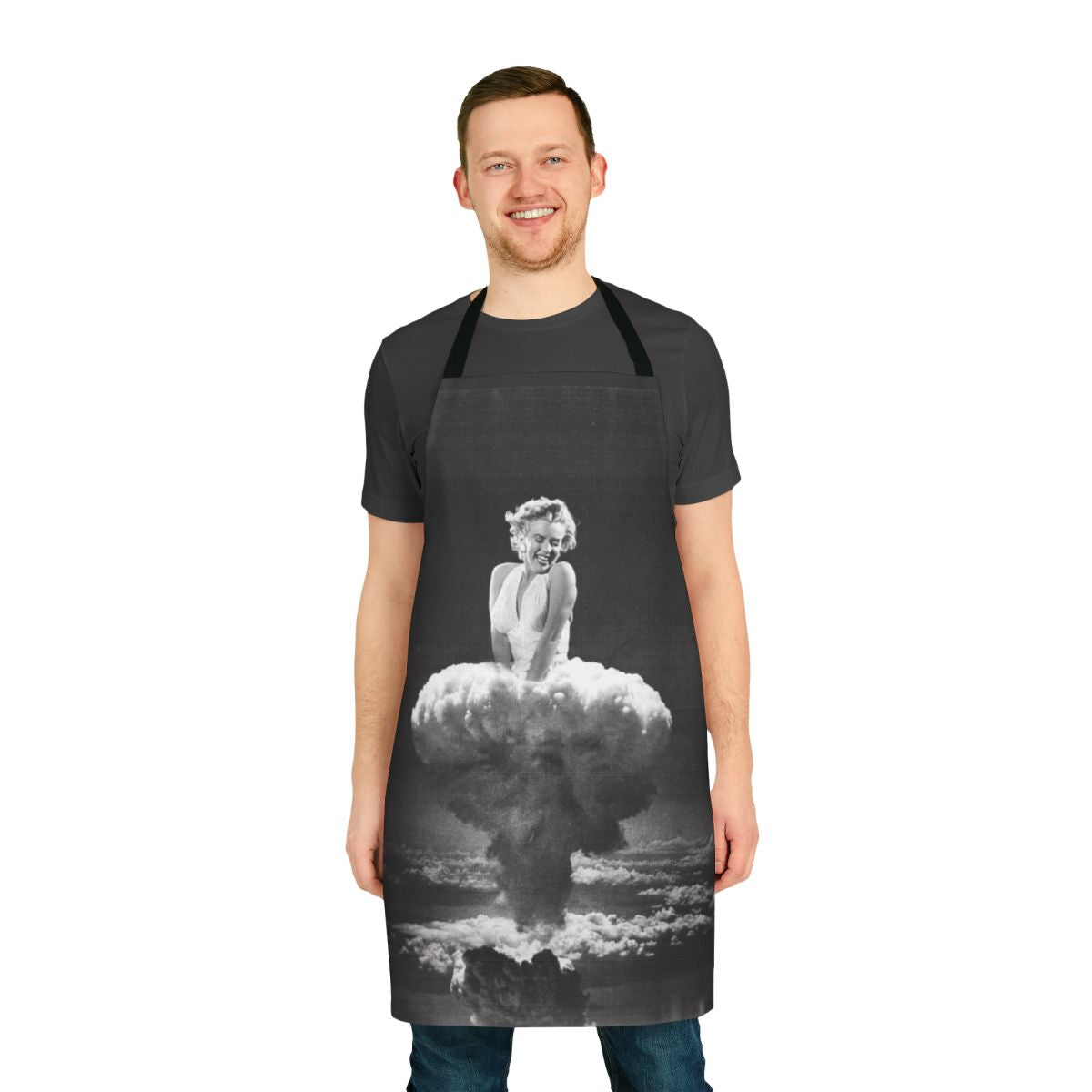 Retro-style apron featuring a collage design of Marilyn Monroe and a mushroom cloud explosion, representing pop art and surrealism.