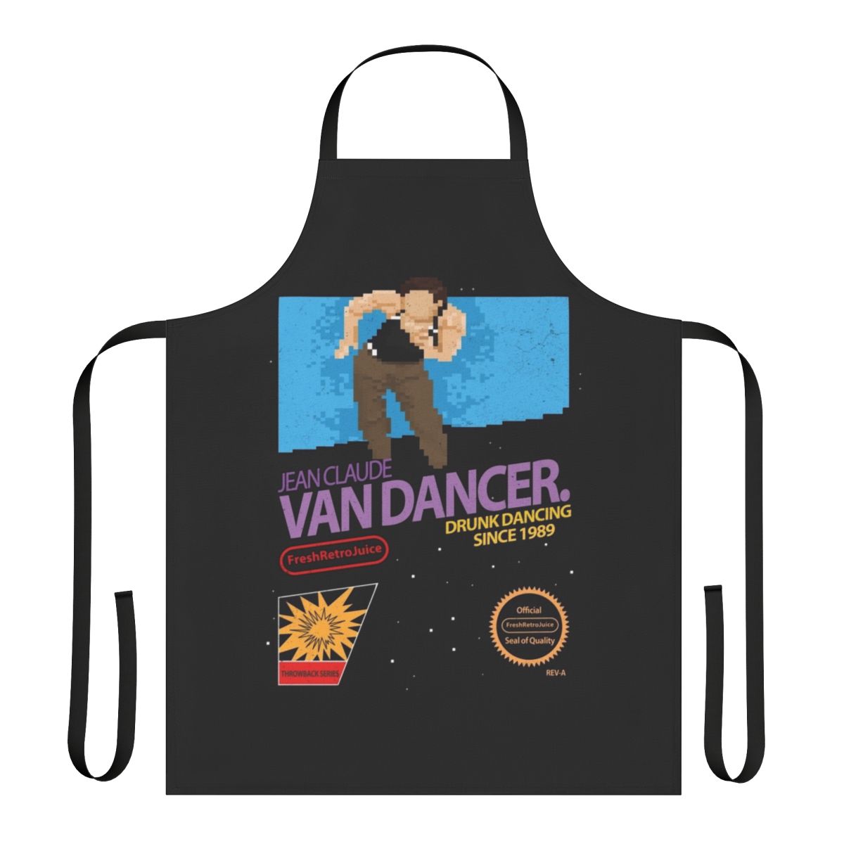 Retro-styled apron featuring a parody of Jean Claude Van Damme's martial arts and dancing skills.