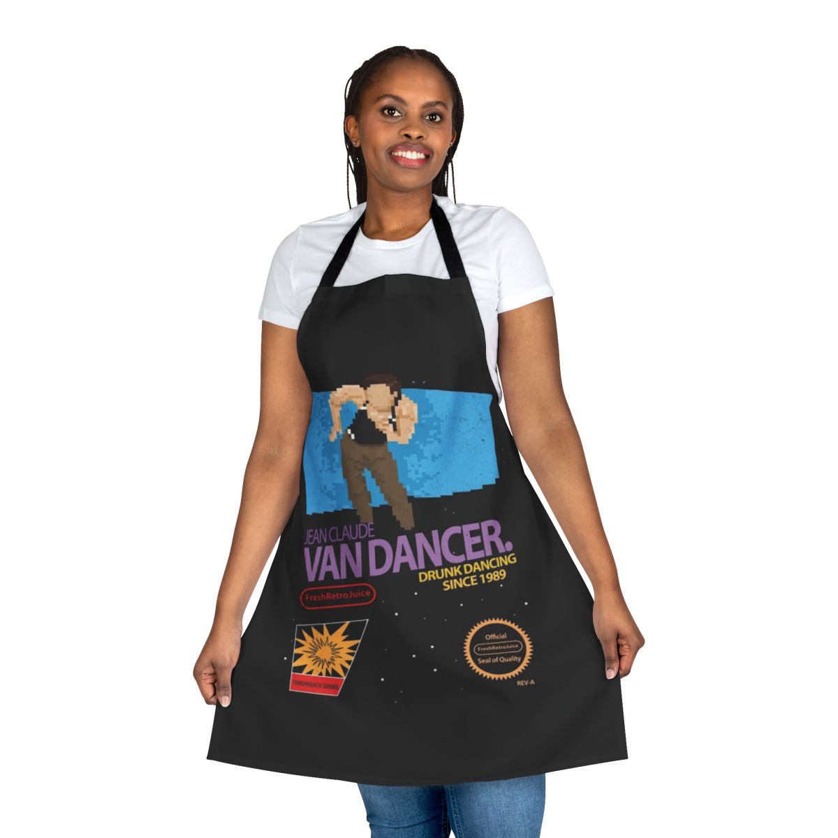 Retro-styled apron featuring a parody of Jean Claude Van Damme's martial arts and dancing skills.
