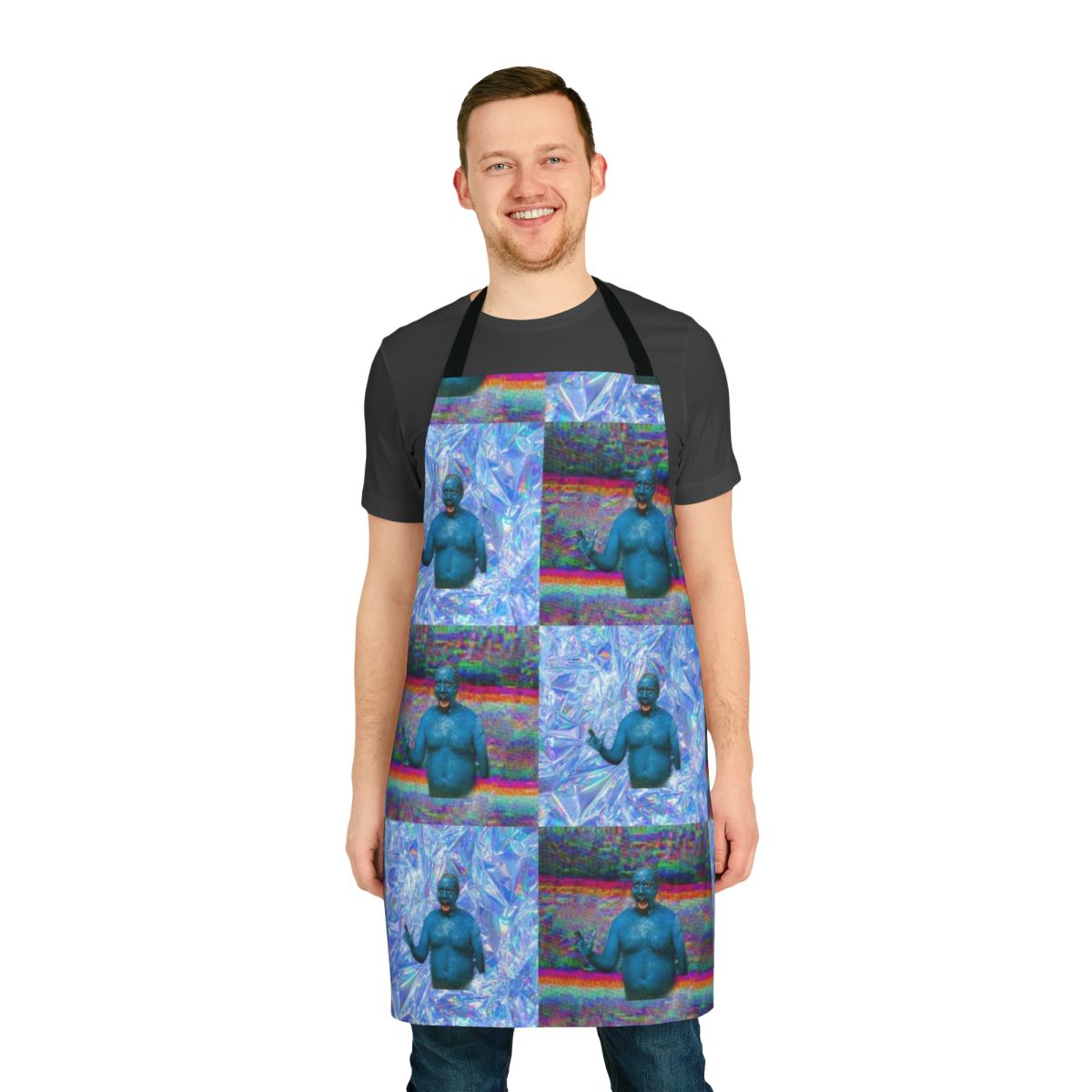 "Retro-styled vaporwave apron featuring Marty Wolf from the 2000s film 'Big Fat Liar'"