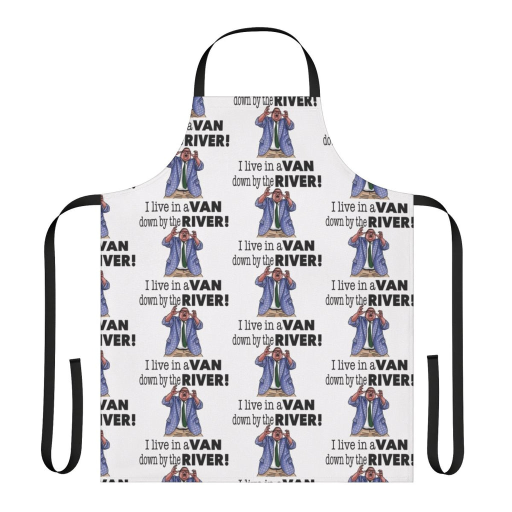 Retro-styled kitchen apron featuring Matt Foley's iconic "van down by the river" comedy sketch from Saturday Night Live