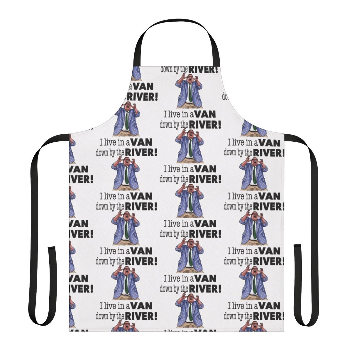 Retro-styled kitchen apron featuring Matt Foley's iconic "van down by the river" comedy sketch from Saturday Night Live