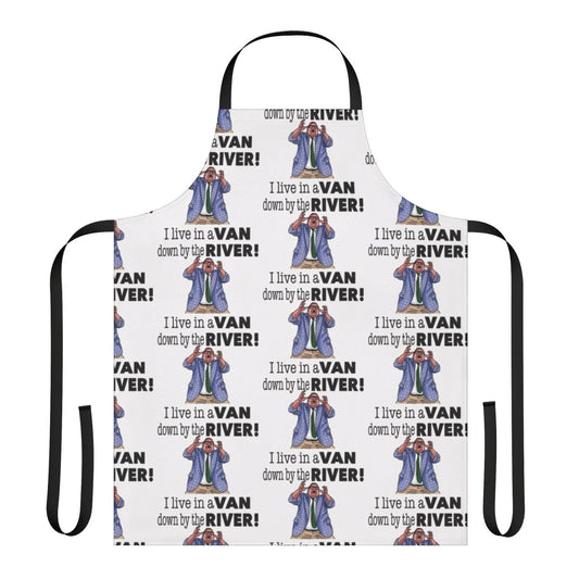 Retro-styled kitchen apron featuring Matt Foley's iconic "van down by the river" comedy sketch from Saturday Night Live