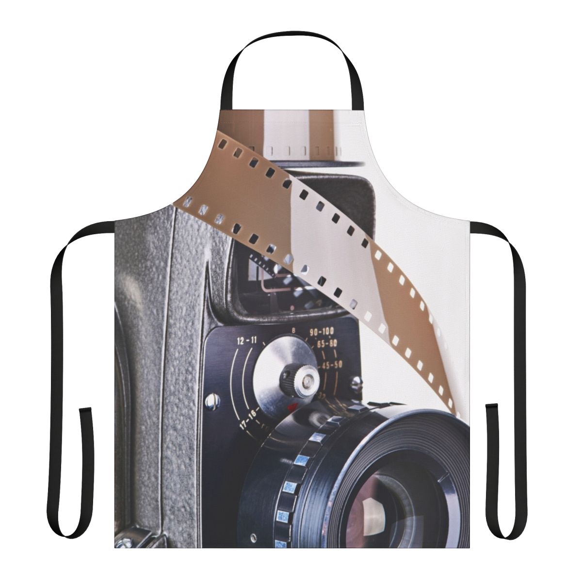 Retro mechanical movie camera and film apron, featuring vintage and obsolete camera and film reel symbols