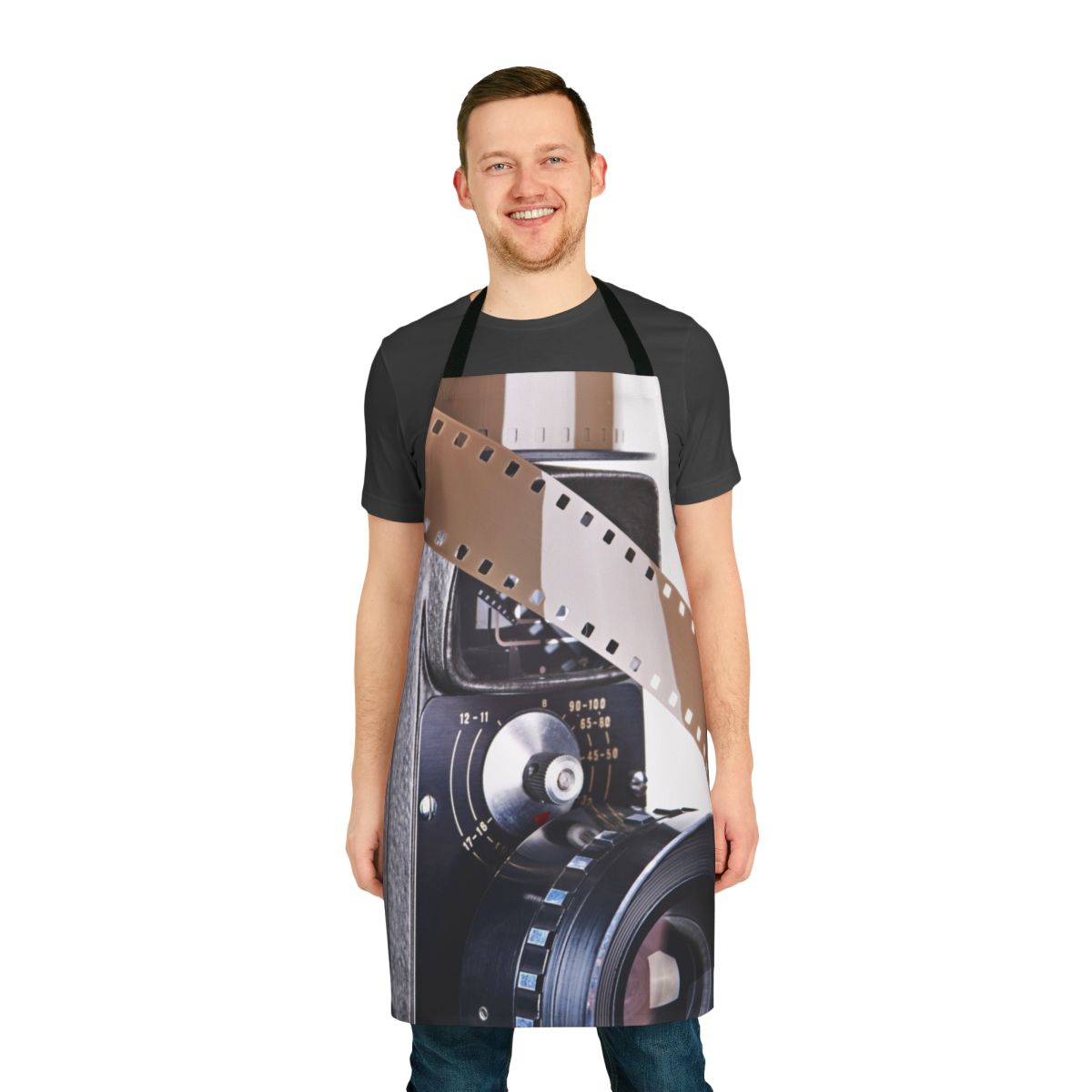 Retro mechanical movie camera and film apron, featuring vintage and obsolete camera and film reel symbols