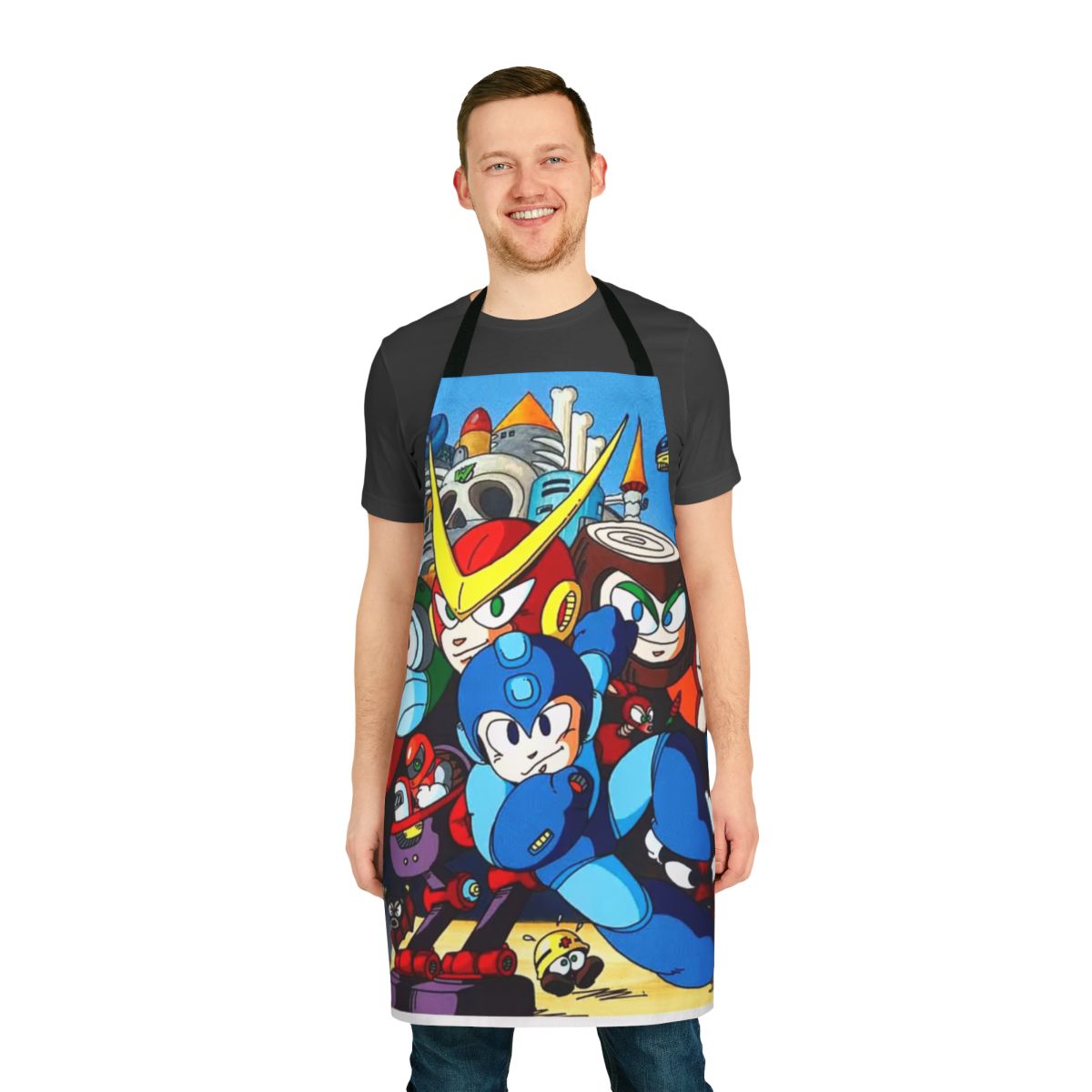 Apron featuring classic Mega Man video game-inspired artwork and design
