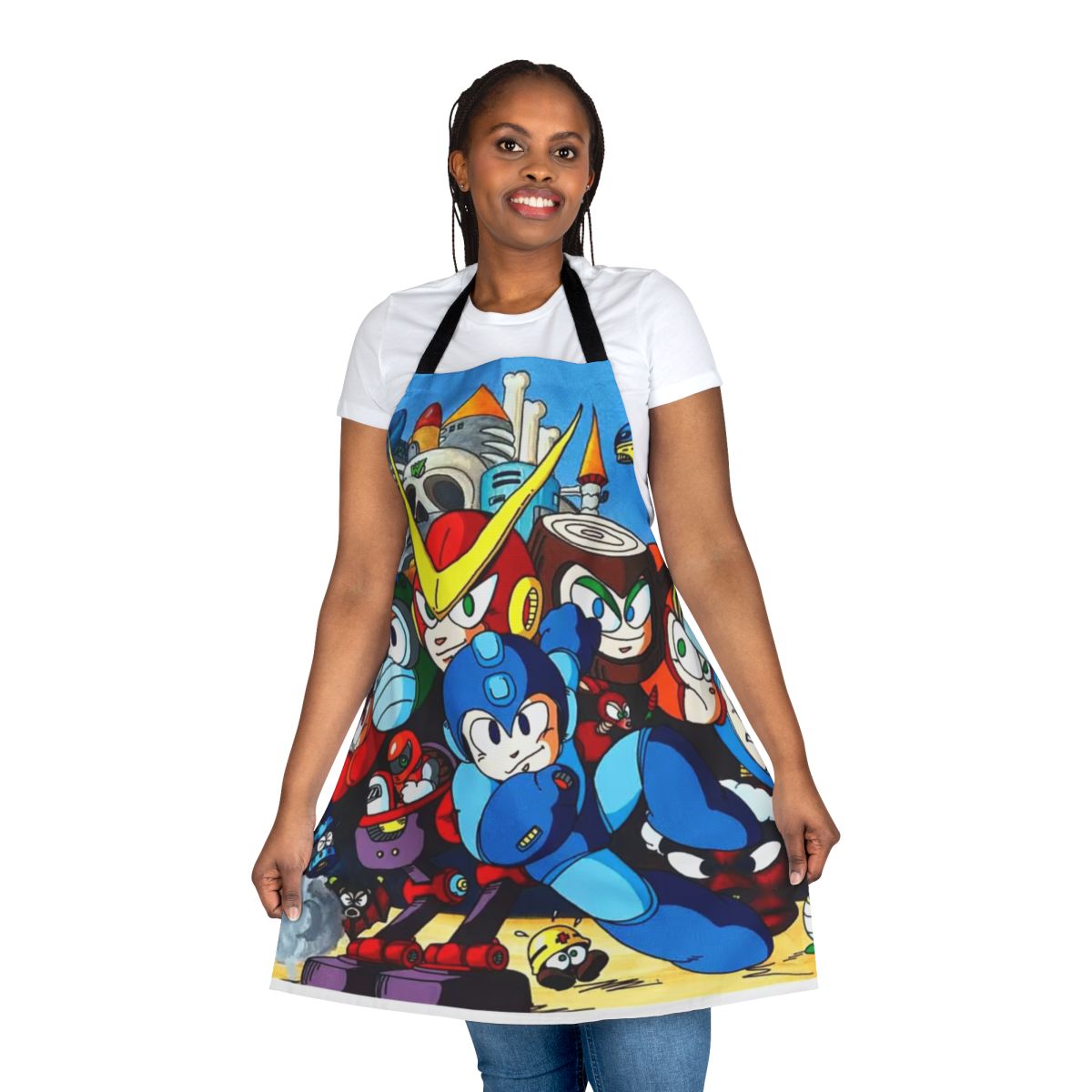Apron featuring classic Mega Man video game-inspired artwork and design