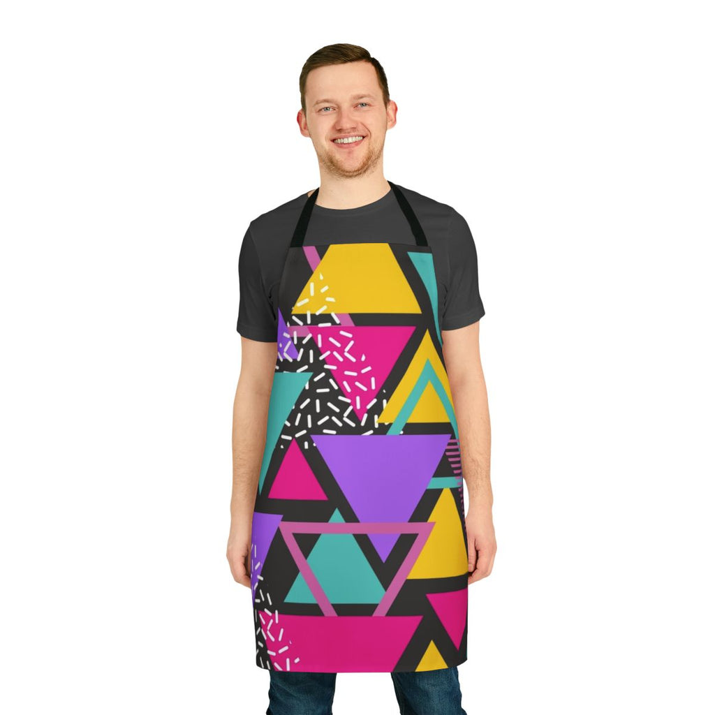 Retro apron featuring a colorful Memphis-inspired triangle pattern