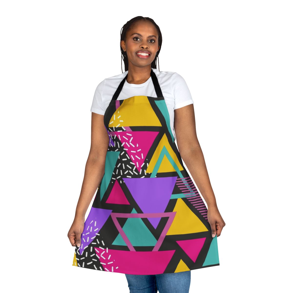 Retro apron featuring a colorful Memphis-inspired triangle pattern