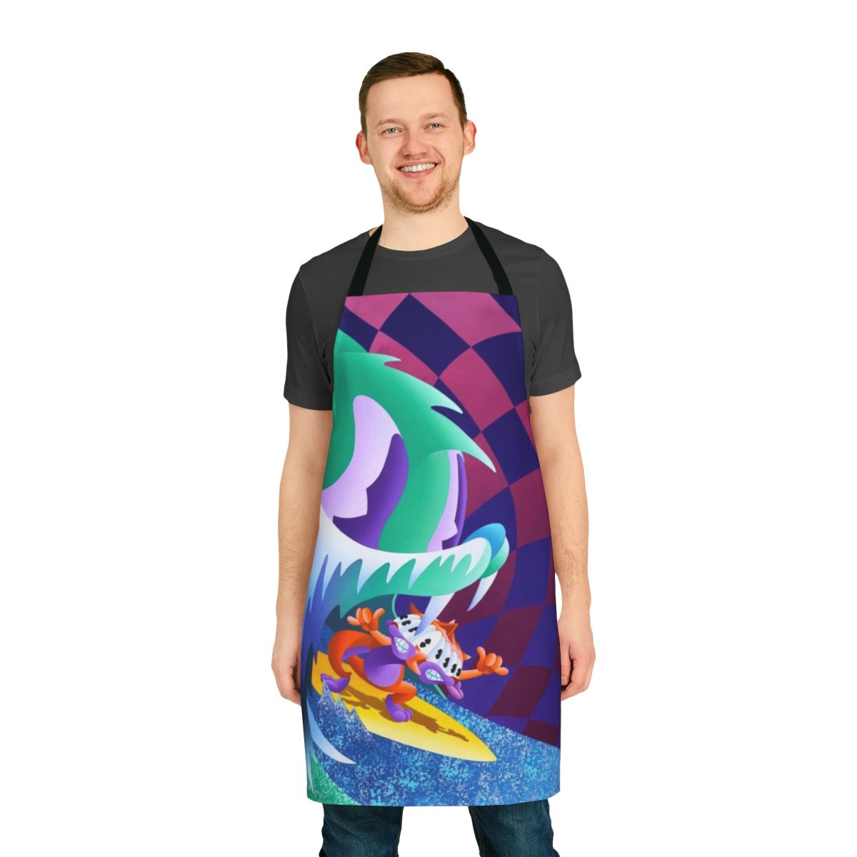 A stylish kitchen apron with a retro design inspired by the album art of the indie rock band MGMT.