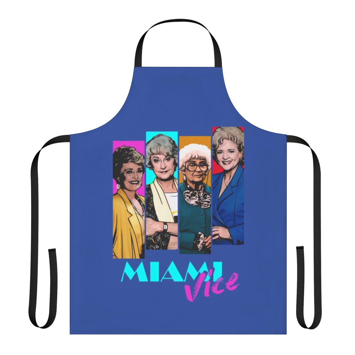 Vibrant Miami Vice-inspired apron featuring the iconic characters Sophia, Rose, Blanche, and Dorothy