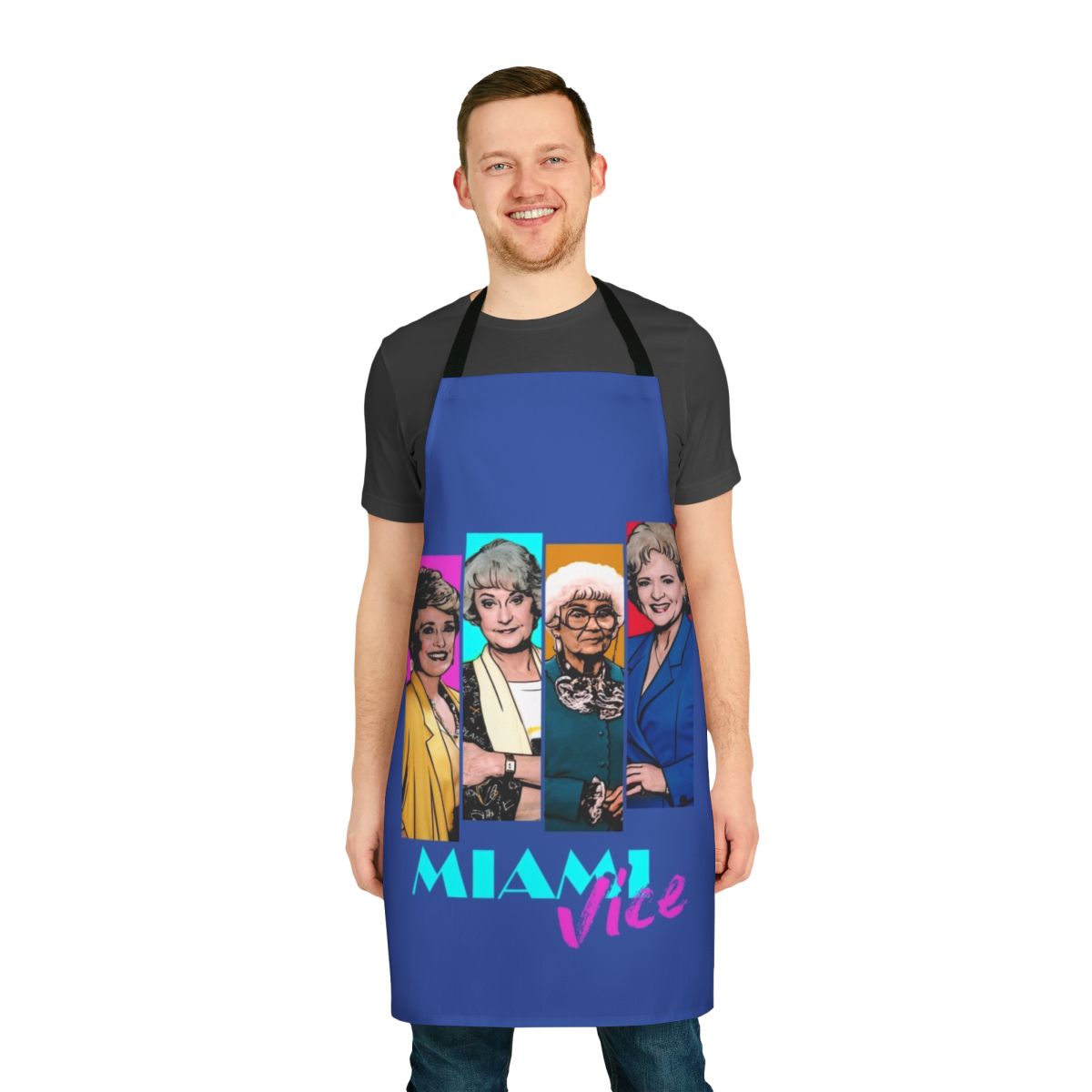 Vibrant Miami Vice-inspired apron featuring the iconic characters Sophia, Rose, Blanche, and Dorothy