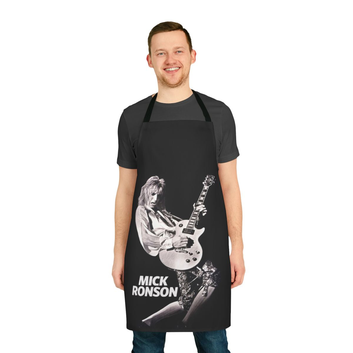 Retro-style apron featuring the name and image of legendary 1970s glam rock guitarist Mick Ronson.