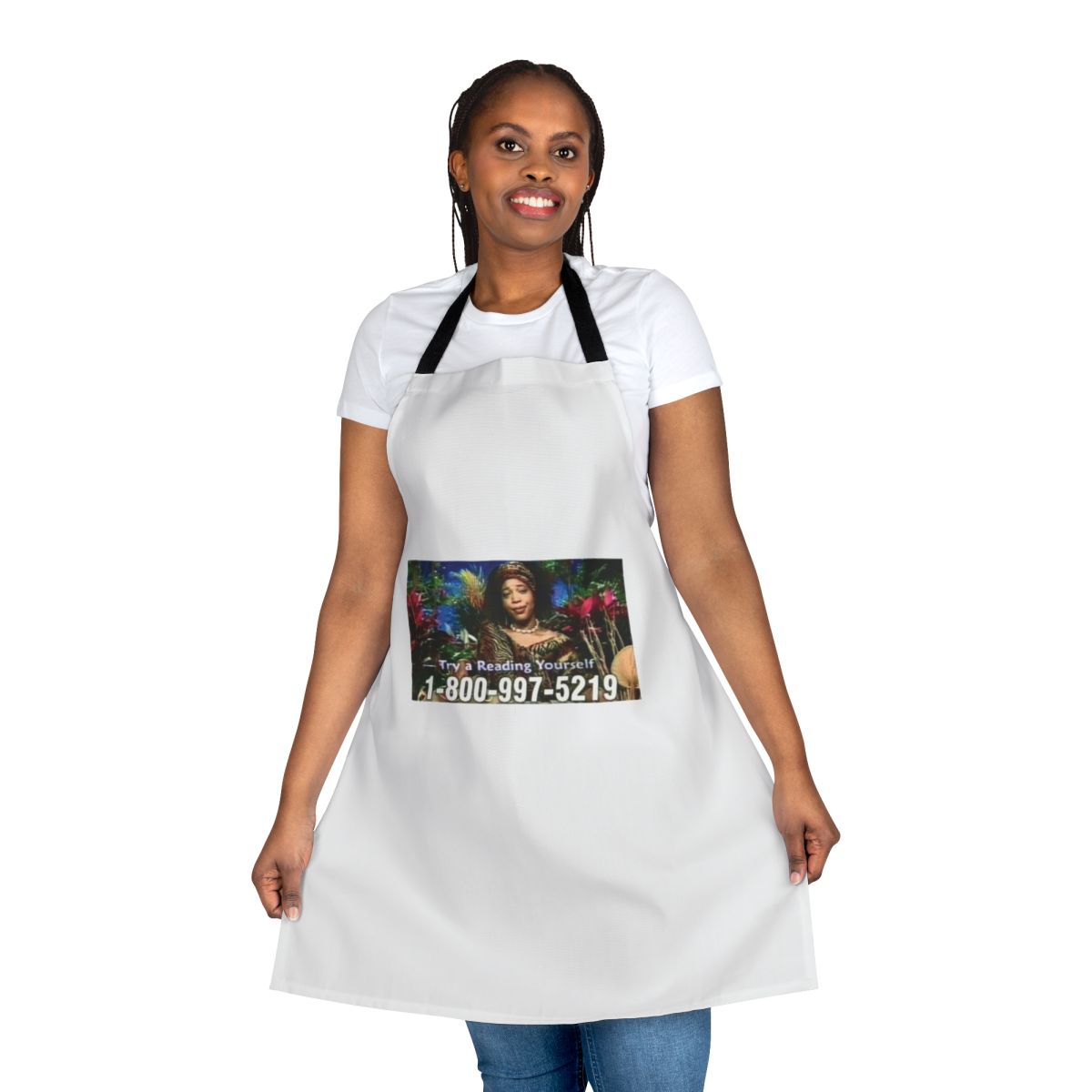 Retro Miss Cleo-inspired apron featuring the iconic psychic from the '90s
