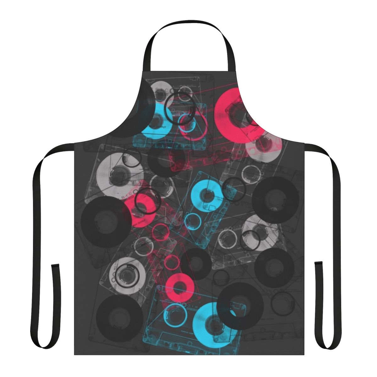 A black and white striped apron featuring a retro mixtape design, perfect for music lovers and kitchen enthusiasts.