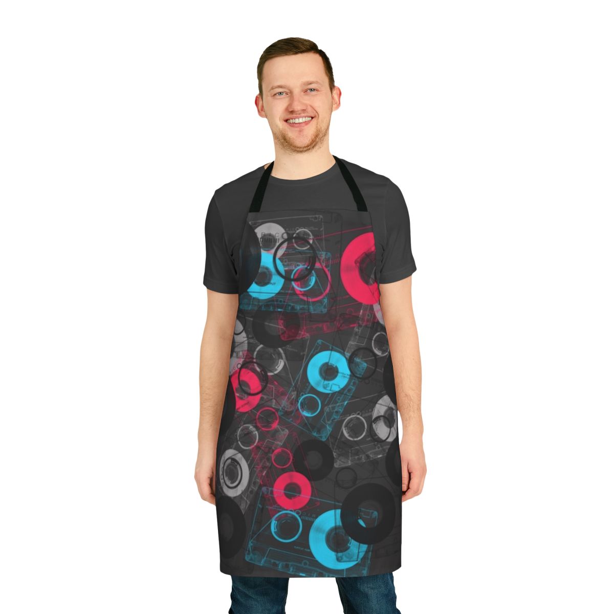 A black and white striped apron featuring a retro mixtape design, perfect for music lovers and kitchen enthusiasts.