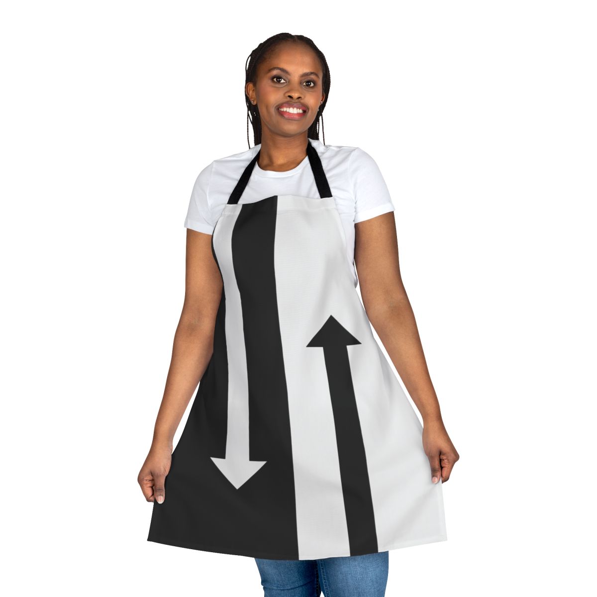Mod-inspired arrows design apron in black and white