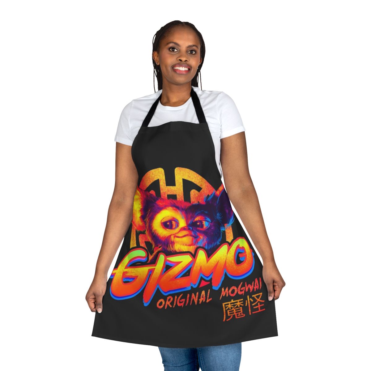 Retro-inspired Mogwai apron featuring classic Gremlins horror movie imagery