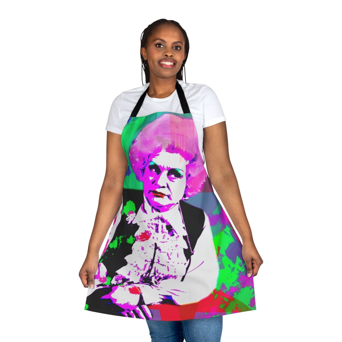 Retro-style apron featuring Molly Sugden's iconic Mrs. Slocombe character from the classic British sitcom 'Are You Being Served?'