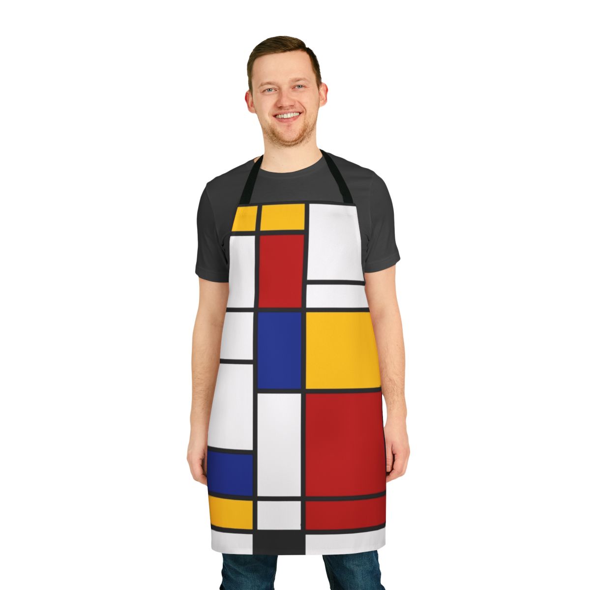 Apron featuring abstract geometric primary color design inspired by De Stijl and Mondrian art