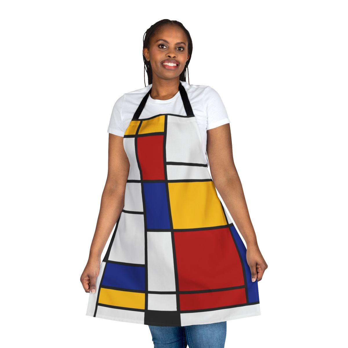 Apron featuring abstract geometric primary color design inspired by De Stijl and Mondrian art