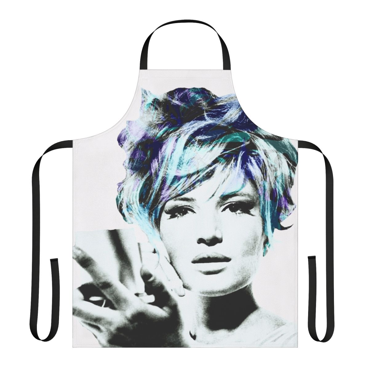 Vibrant pop art-style apron featuring Italian actress Monica Vitti, a renowned icon of 1960s neorealist cinema.