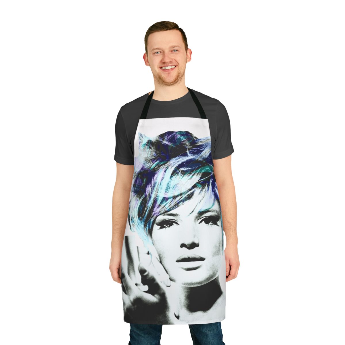 Vibrant pop art-style apron featuring Italian actress Monica Vitti, a renowned icon of 1960s neorealist cinema.