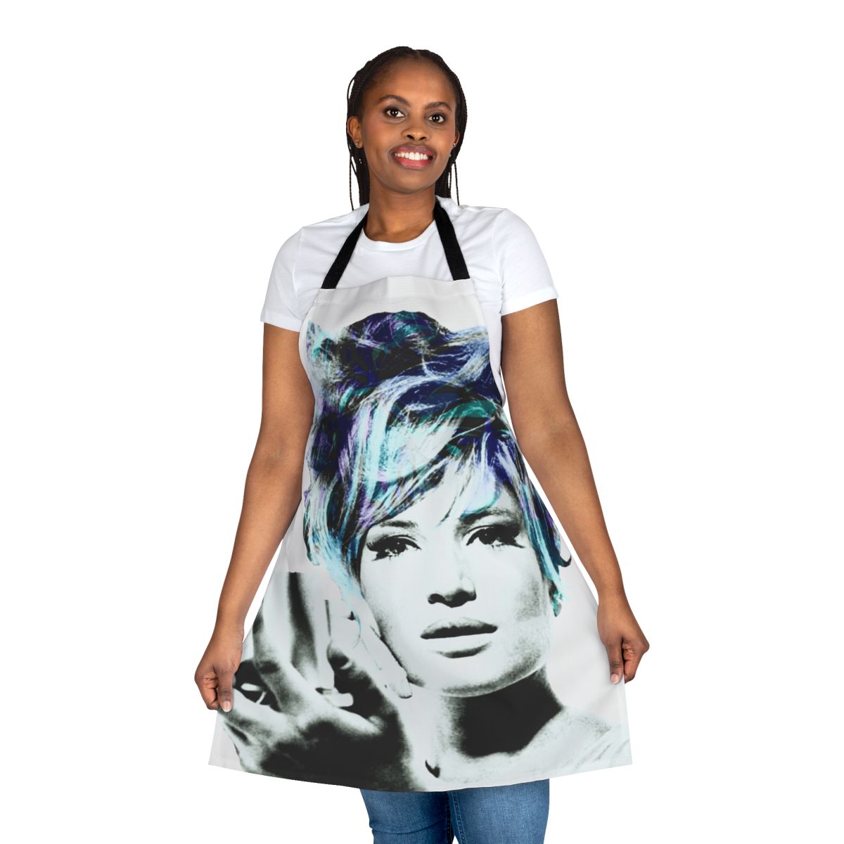 Vibrant pop art-style apron featuring Italian actress Monica Vitti, a renowned icon of 1960s neorealist cinema.