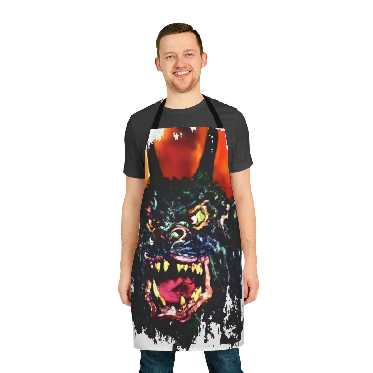 Apron featuring a vintage-style monster design inspired by classic cult films and horror movies.