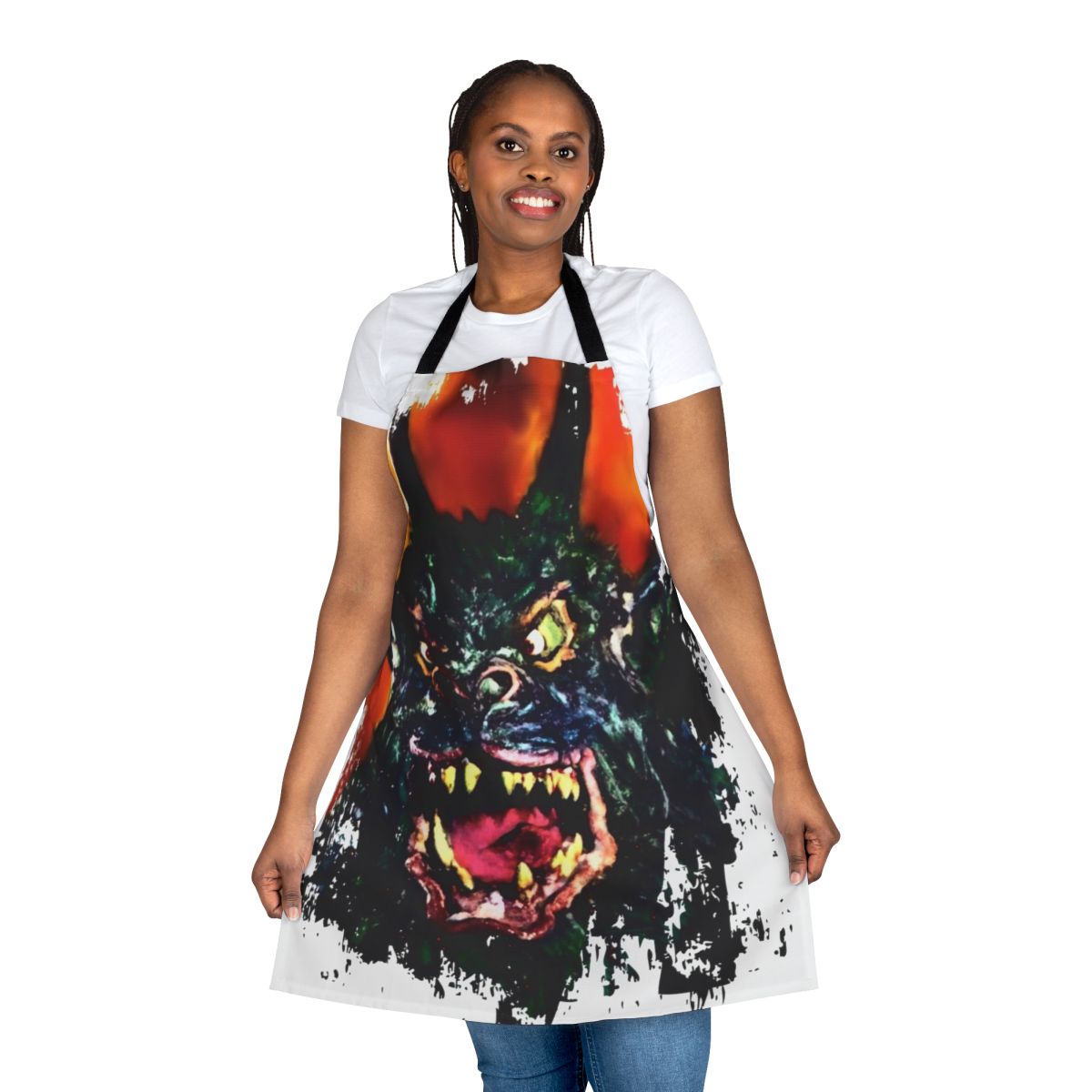 Apron featuring a vintage-style monster design inspired by classic cult films and horror movies.