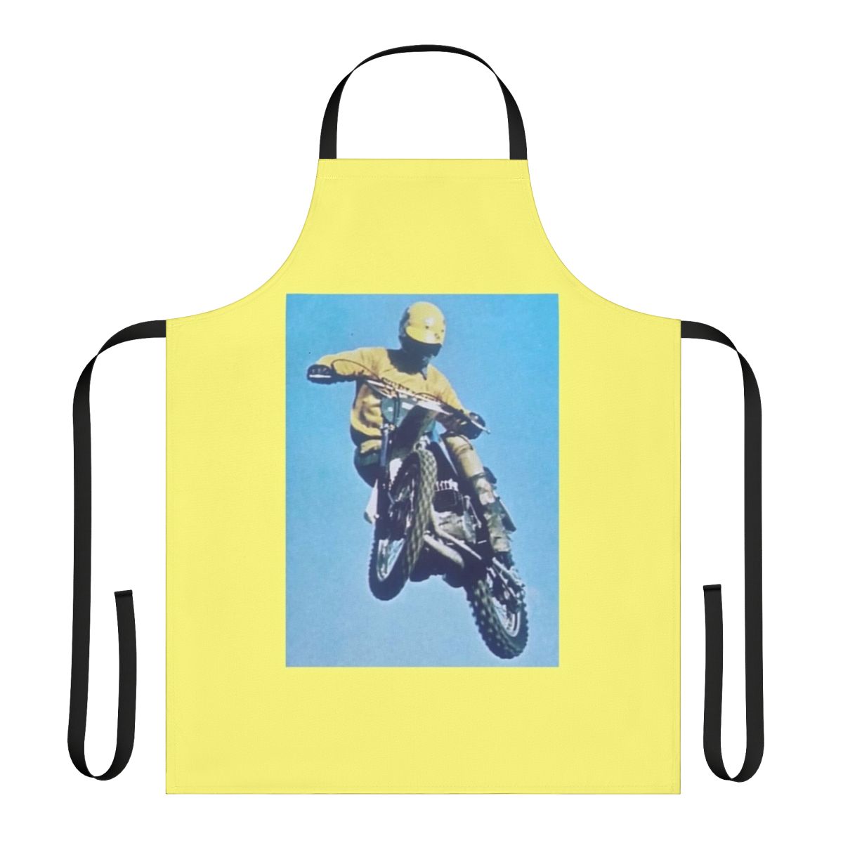 Vintage-inspired motocross apron with dirt bike and motorcycle imagery