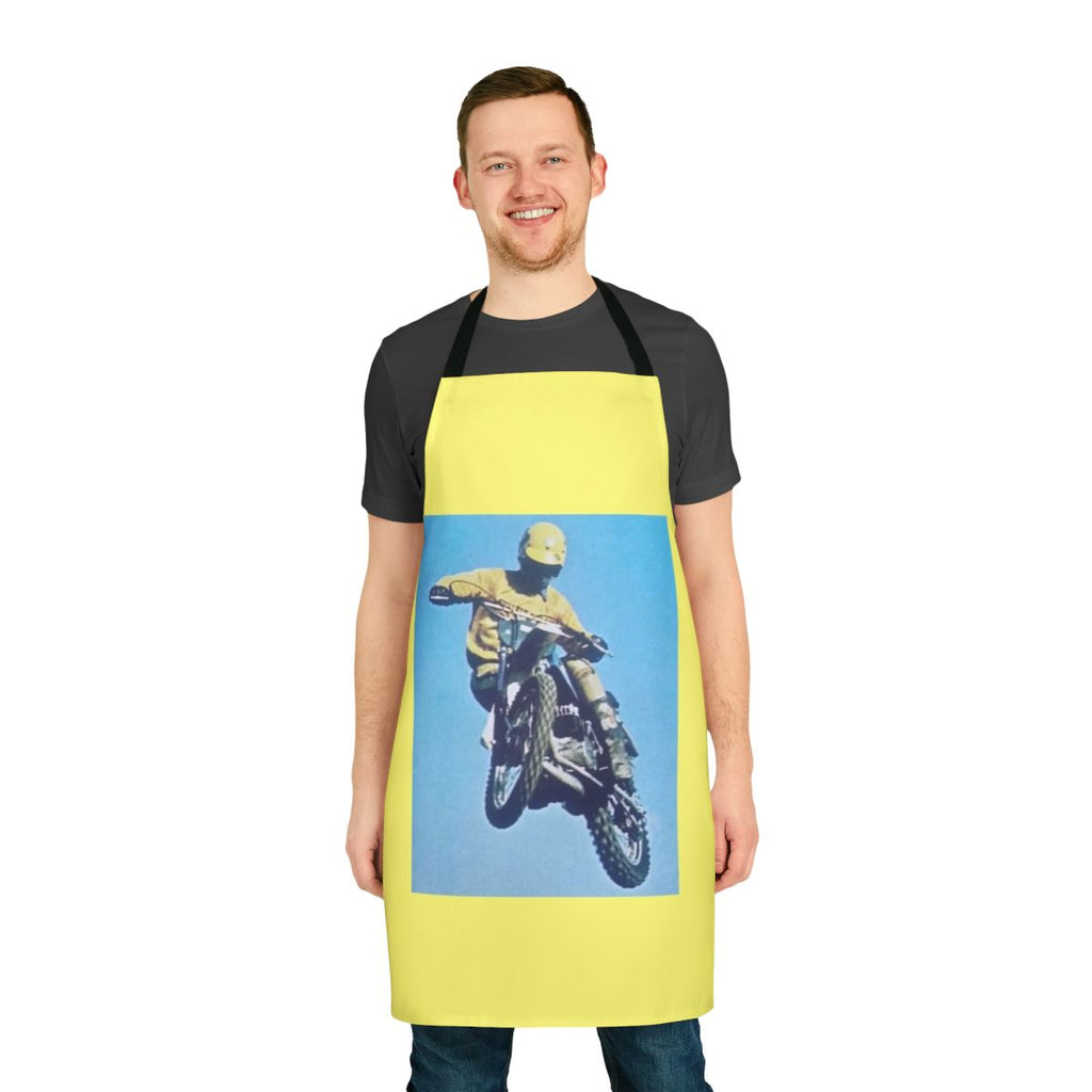 Vintage-inspired motocross apron with dirt bike and motorcycle imagery