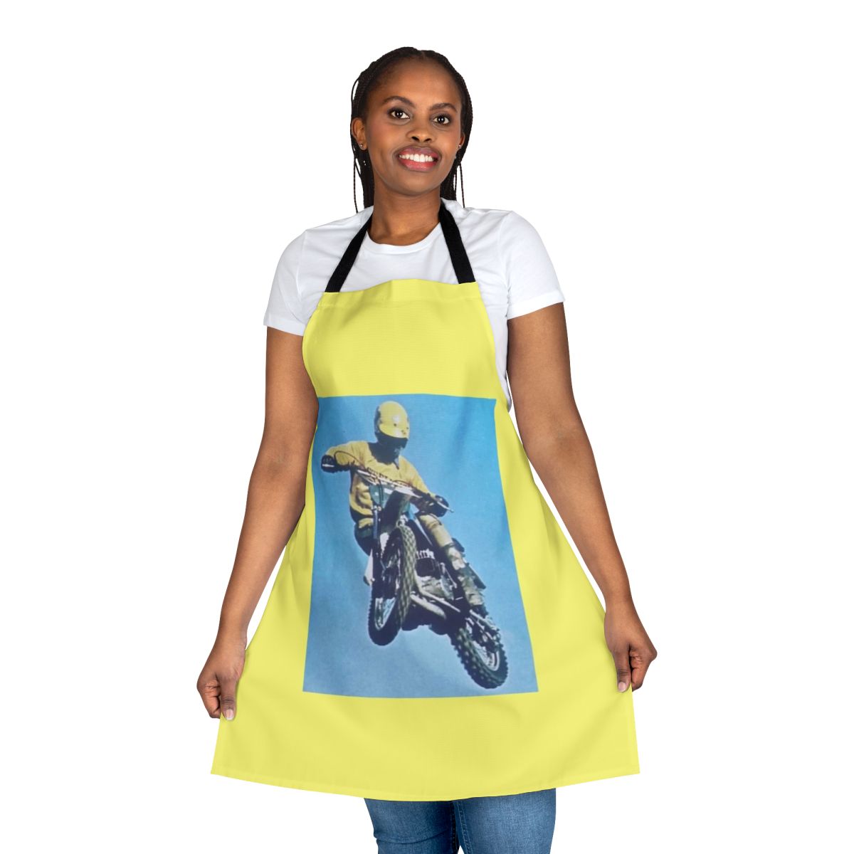 Vintage-inspired motocross apron with dirt bike and motorcycle imagery
