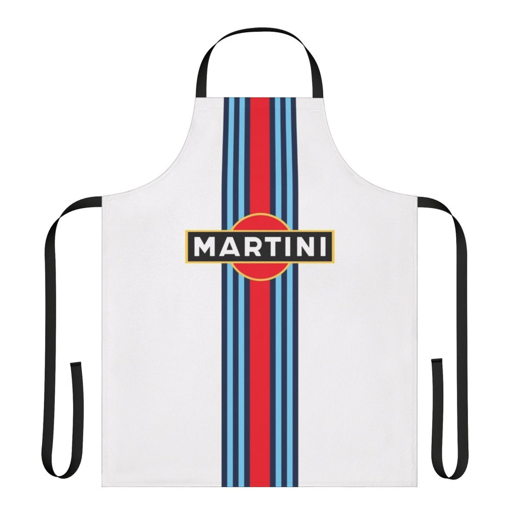 Martini racing stripe patterned apron with retro motorsport inspired design