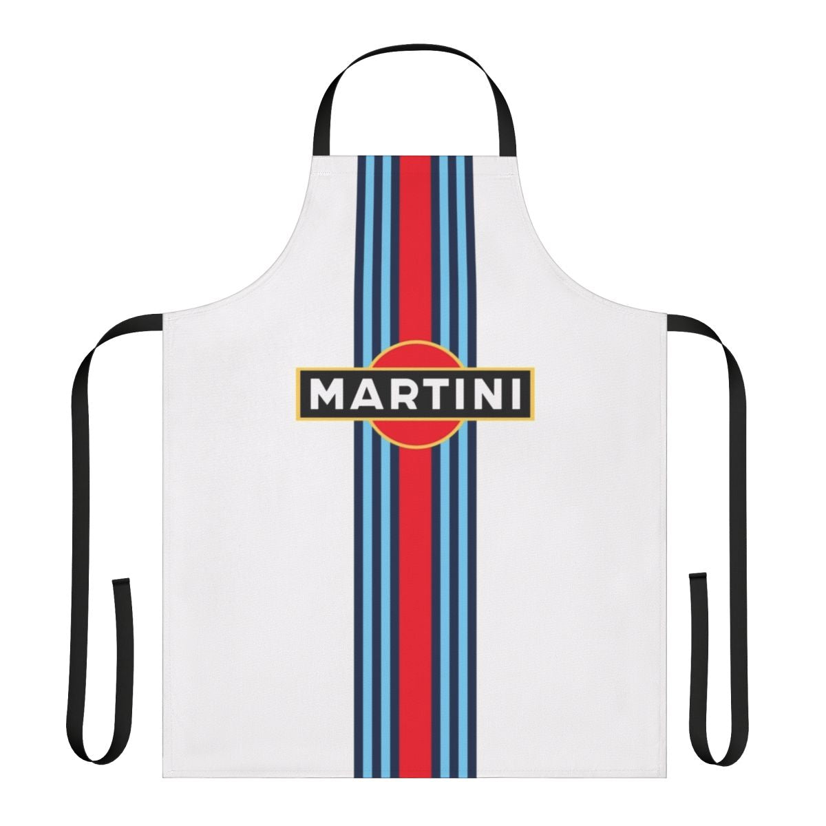 Martini racing stripe patterned apron with retro motorsport inspired design
