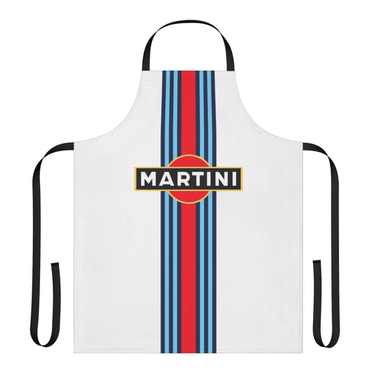 Martini racing stripe patterned apron with retro motorsport inspired design