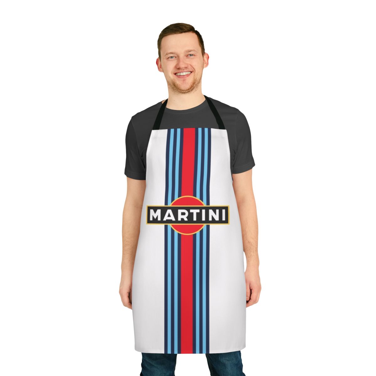 Martini racing stripe patterned apron with retro motorsport inspired design