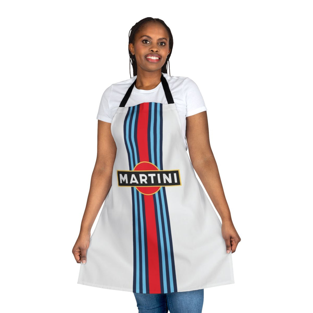 Martini racing stripe patterned apron with retro motorsport inspired design