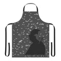 Vintage-style apron featuring a black and white graphic of Alfred Hitchcock and birds, inspired by the classic film "The Birds"