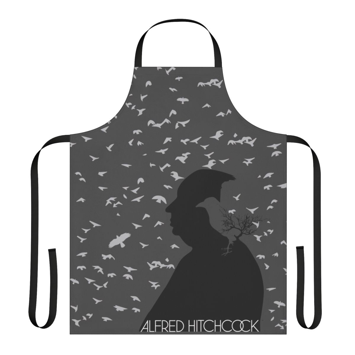 Vintage-style apron featuring a black and white graphic of Alfred Hitchcock and birds, inspired by the classic film "The Birds"