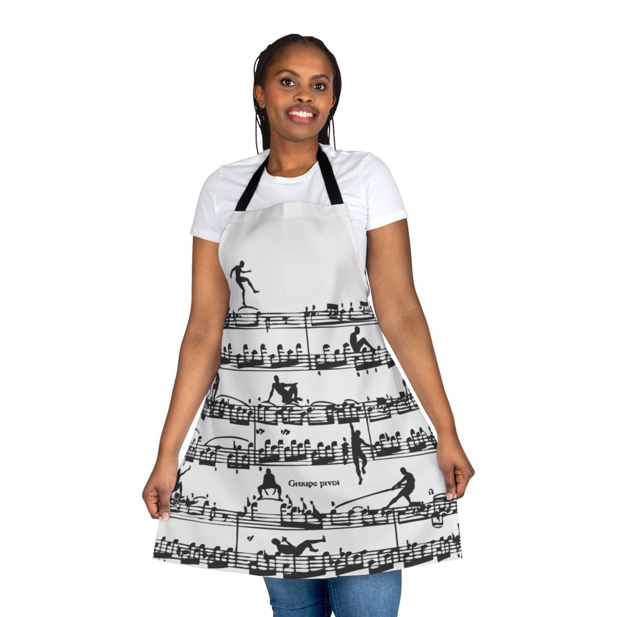 Retro-style apron featuring a silhouette of classical composer Wolfgang Amadeus Mozart, with musical notes and instruments in a fun, vintage-inspired design.