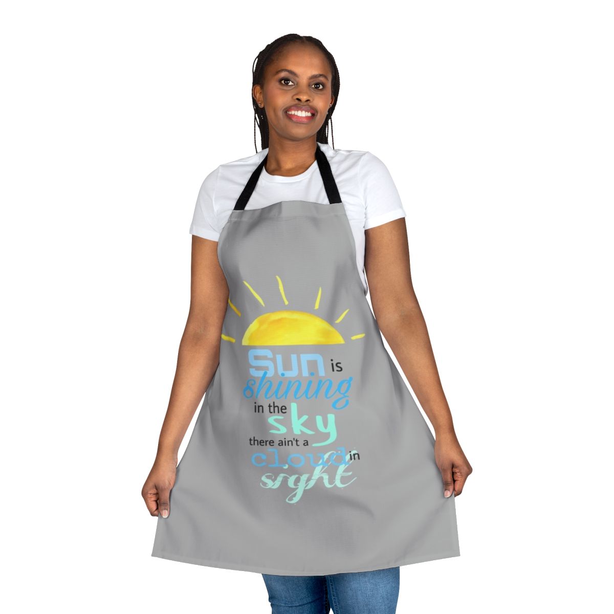 Retro-style apron featuring the iconic "Mr. Blue Sky" design from the Electric Light Orchestra's 1977 album "Out of the Blue"
