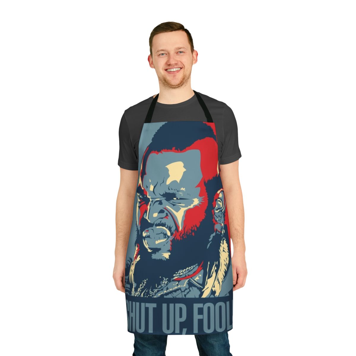 Retro "Mr. T" inspired apron with "Shut Up Fool" text, perfect for A-Team fans